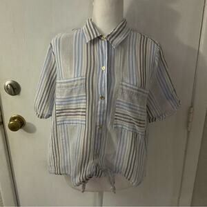 MiCHAEL Michael Kors Metallic Striped Cropped Blouse Front Tie XL Classic Preppy